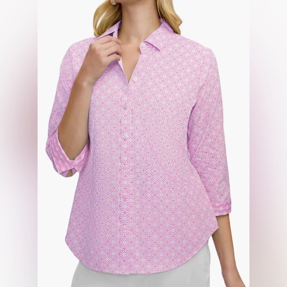 Margie Geo Lattice Three-Quarter Sleeve Button-Up Shirt Pink/White XS